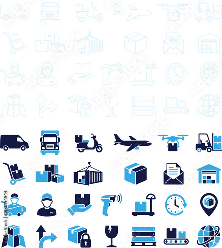 Freight shipping and courier delivery icon set including warehouse and transport equipment.