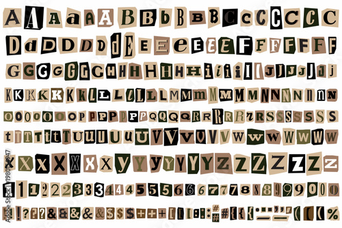 Ransom cut out paper brown retro letters alphabet. Vector symbols anonymous note, blackmail, kidnapper style. For crime and thriller designs. Create custom criminal messages with collage typography.