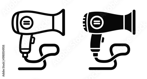 Hair dryer icon set with outline and solid black versions for salon equipment beauty care styling tools and professional hairdressing appliances