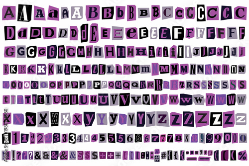Black pink purple Ransom cut out letters, numbers, punctuation marks. Ransom note collage vector alphabet paper style blackmail kidnapper criminal anonymous detective scrap font. Compose your own