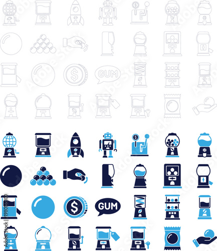 Set of vintage gumball machine icons in blue and white for retro vending machines.