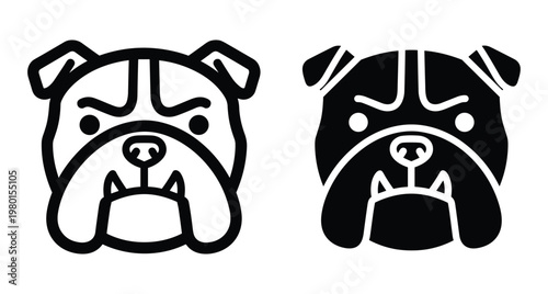 Bulldog head mascot icon set featuring outline and solid black silhouette styles for sports team logos pet shop branding and animal graphics