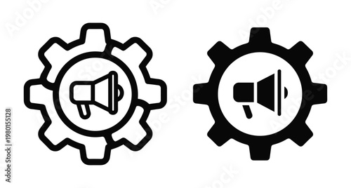 Megaphone inside gear icon set representing marketing automation digital strategy advertising management business optimization promotion tools and social media campaign settings