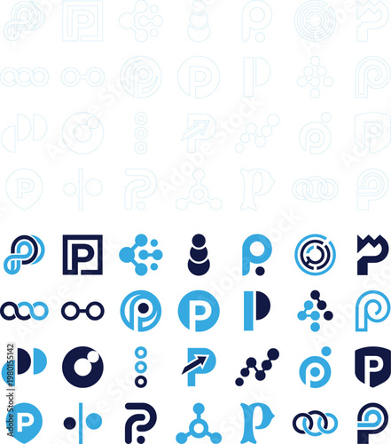 Set of abstract letter P logos and icons for technology and business concepts.
