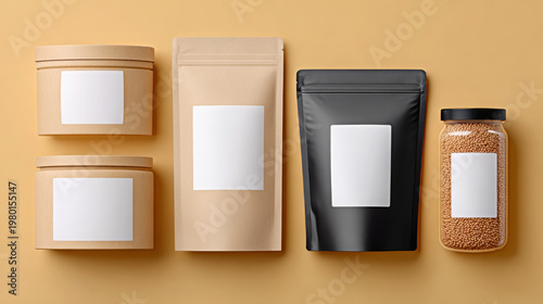 Assorted packaging containers with blank labels on a solid color background, including jars, pouches, and boxes for product mockup or design purposes