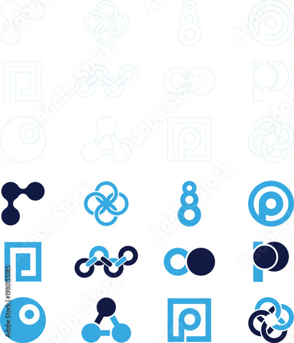 Assortment of abstract logos and icons featuring letter P and molecular shapes.