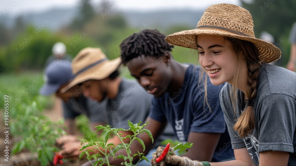 Naklejka premium Diverse group of young adults participating in outdoor community gardening and planting organic vegetables