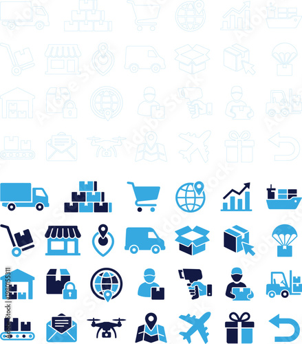Collection of outline and filled icons for shipping and delivery services.