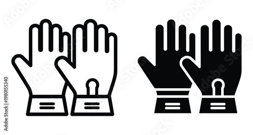 protective work gloves icon set featuring outline and solid black silhouette styles for industrial safety construction gardening and manual labor