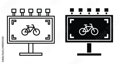 Billboard icon set with bicycle advertisement showing outdoor street sign for cycling promotion marketing and commercial display for bike shop