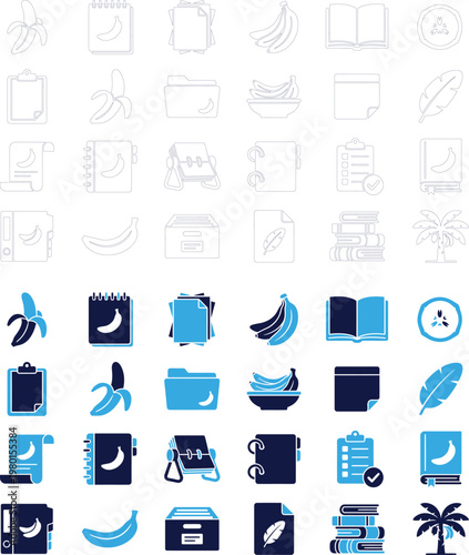 Set of outline and filled icons depicting bananas, notebooks and feathers.