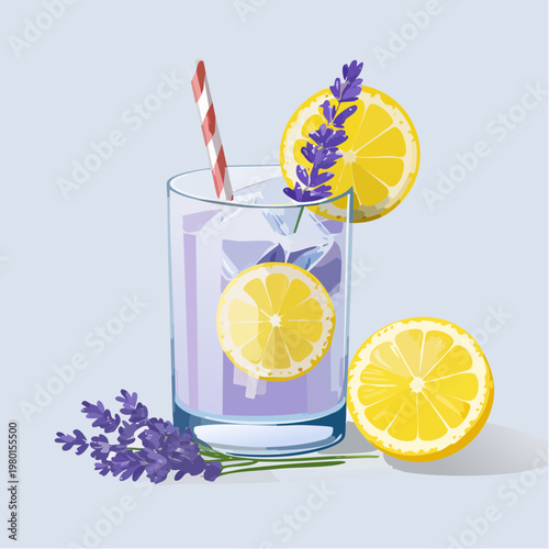 Lavendel Zitronen Getränk mit Eiswürfeln im Glas