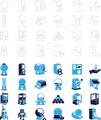 Set of icons related to vending machines and games with blue and dark blue colors.