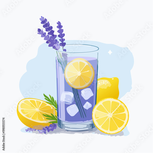 Lavendel Zitronen Getränk mit Eiswürfeln im Glas