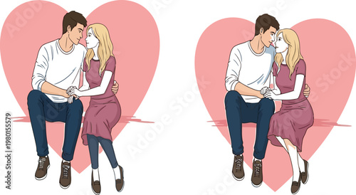 Two heartfelt moments of a couple sharing intimate conversations while sitting. Vector