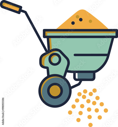 Garden fertilizer spreader cart vector illustration featuring lawn care equipment agriculture tool and soil nutrient distribution