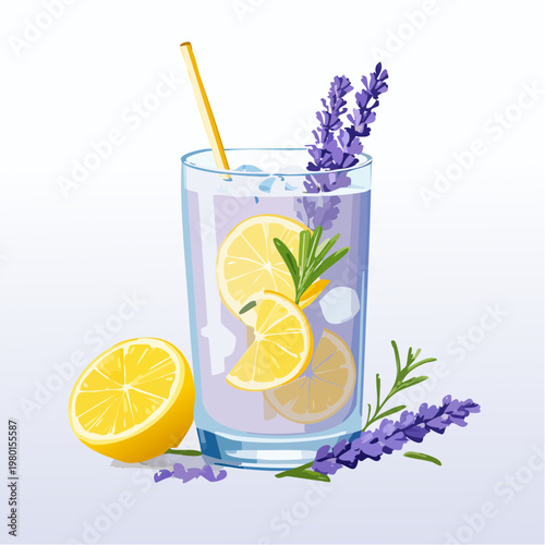 Lavendel Zitronen Getränk mit Eiswürfeln im Glas
