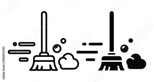 Cleaning broom icons set with dust and bubbles representing household chores maintenance sanitation hygiene sweeping service equipment tools for home