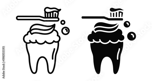 Toothbrush with toothpaste cleaning a human tooth with foam bubbles dental care hygiene icon set in line and silhouette style