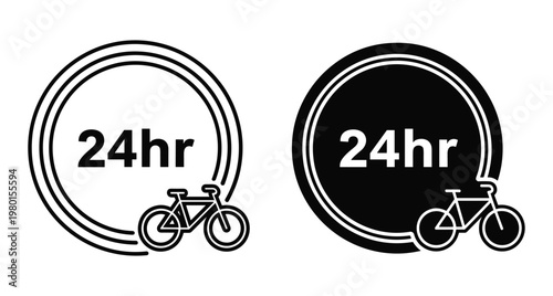 Twenty four hour bicycle rental and parking service icon set with circular frame and bike silhouette for urban transportation signage