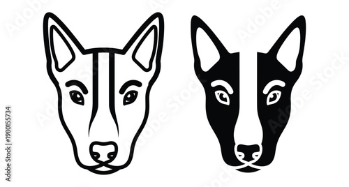 Bull terrier dog head icon set with minimalist line art and solid silhouette style for pet branding and animal logos