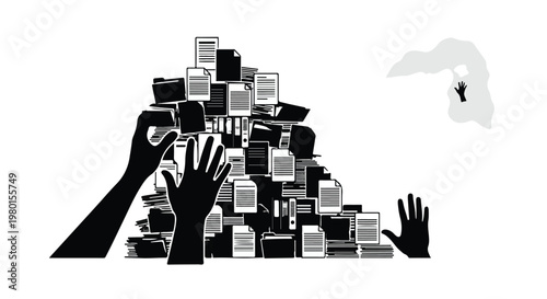 hands reaching for documents pile paperwork overload