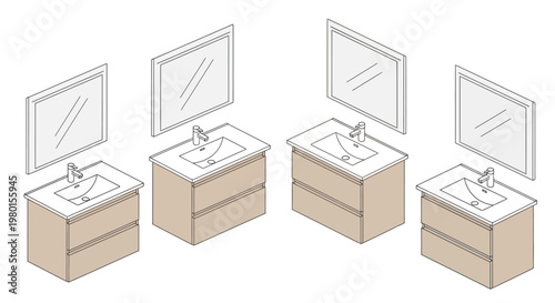 Isometric view of four bathroom vanities with mirrors showcasing different cabinet styles