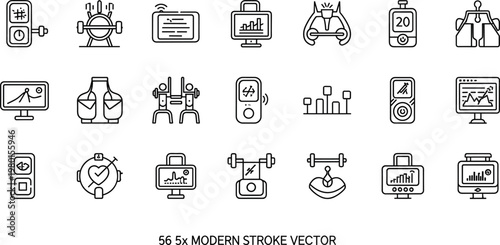 Fitness and gym line icon set featuring workout equipment bodybuilding training health exercise symbols modern outline vector collection