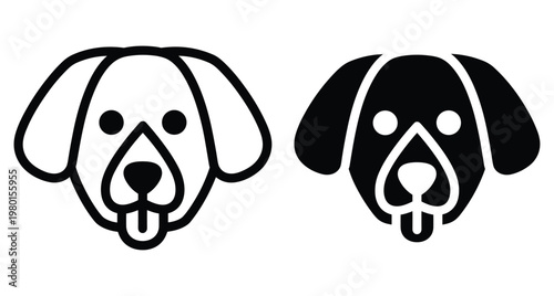 Dog head icon set featuring puppy face with floppy ears and tongue out in outline and solid black vector style