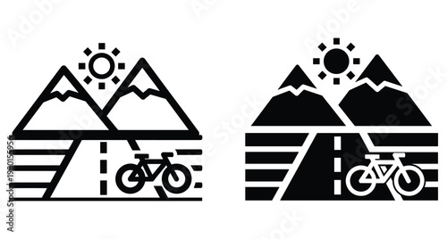 Mountain biking trail icon set featuring peaks sun and road for outdoor adventure cycling tourism and active lifestyle travel graphics