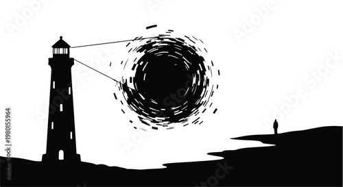 lighthouse silhouette with swirling beam light