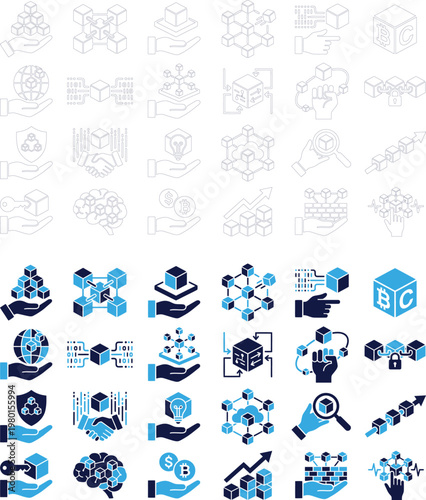 Blockchain technology icons set filled blue for distributed ledger and crypto.