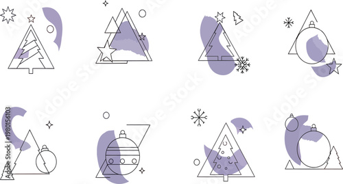 Geometric shapes with abstract winter elements and mathematical transformations Vector