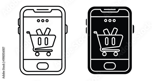 Mobile shopping app icon set featuring smartphone with shopping cart on screen for e commerce retail digital business and online store