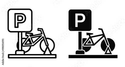 Bicycle parking sign icon set featuring bike silhouette and letter p symbol in outline and solid black graphic design styles