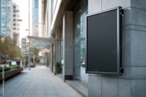 Urban storefront signage mockup featuring a large black square panel for branding ideas