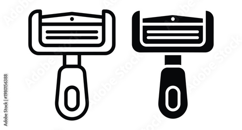 Vegetable peeler icon set featuring outline and solid glyph styles for kitchen utensil design food preparation and cooking equipment