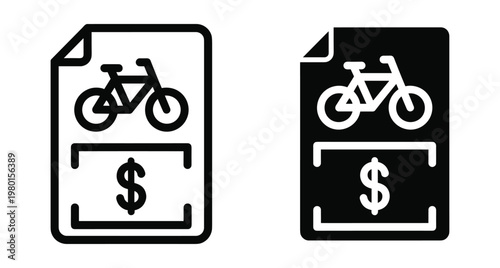 Bicycle rental agreement document icon set with dollar sign for bike sales purchase receipt and cycling insurance policy paperwork