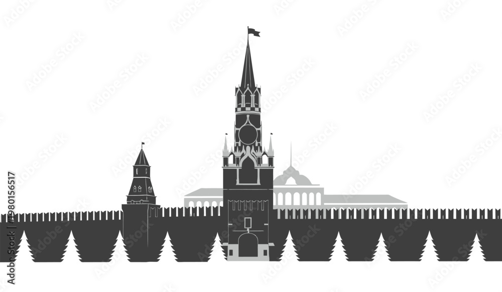 Obraz premium A striking monochromatic illustration depicts the iconic moscow kremlin architecture showcasing its towers and walls in silhouette high quality professional detailed modern elegant stylish