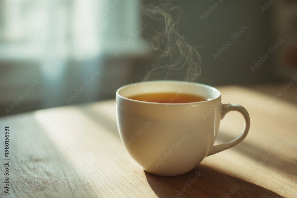 Obraz premium Minimal composition: a single cup of tea on a sunlit wooden surface