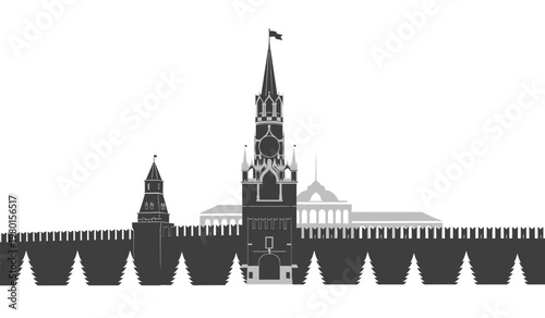 A striking monochromatic illustration depicts the iconic moscow kremlin architecture showcasing its towers and walls in silhouette high quality professional detailed modern elegant stylish