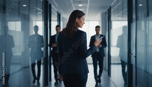 A Professional Businesswoman Confidently Checks Her Smartphone For Notifications In A Modern Office Setting