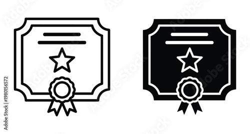 Certificate icon set showing diploma with star and ribbon seal in outline and solid black styles for business and education