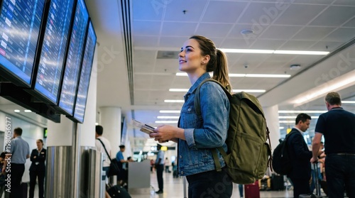 A Young Woman With A Backpack Checking The Departure Board At A Busy Airport Terminal For Flight Details