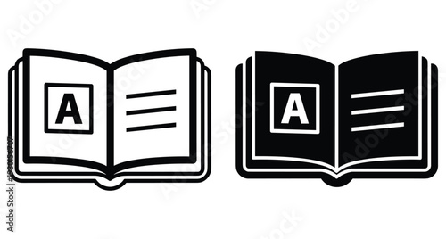 Open book icons set with letter A and text lines for education learning literacy school library dictionary reading study symbols