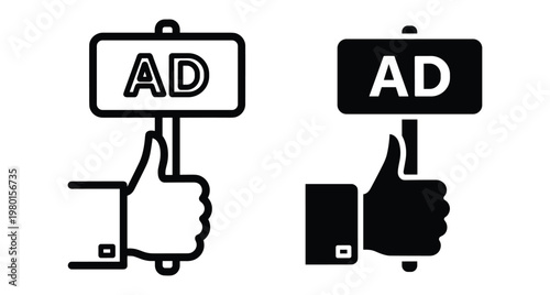 Hand giving thumbs up holding advertisement sign icon set for marketing promotion social media campaign and digital business advertising