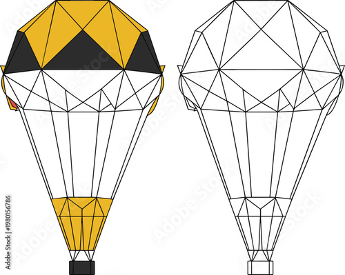 Colorful hot air balloon and outline drawing on white background airship zeppelin