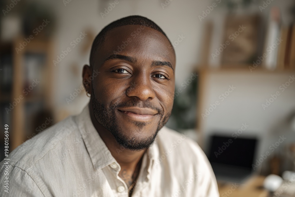 Obraz premium Confident African American educator front-facing portrait in a modern home workspace