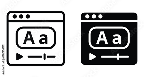 Video player interface icons with subtitle text captions play button and progress bar for multimedia streaming web application design project