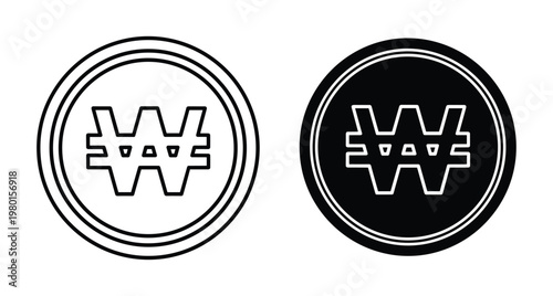 South Korean won currency symbol icon set featuring black and white circular designs for financial transactions banking and digital payments